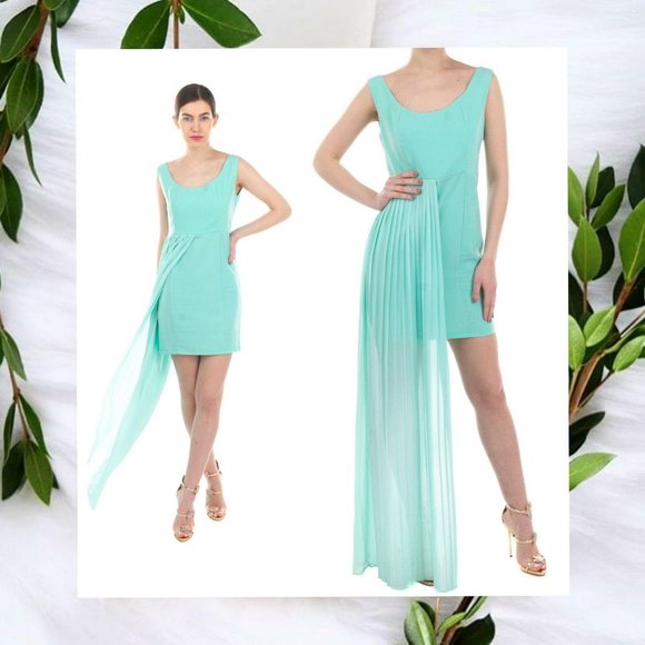 NEW KOR@KOR Italy Green Sheath Mini Dress MEDIUM Pleated Overlay Side Sleeveless - Picture 12 of 13